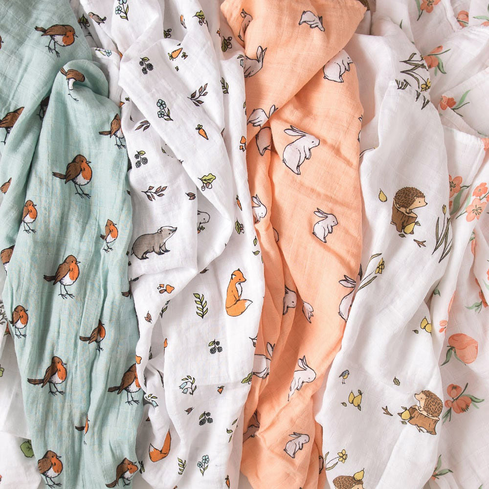 Organic cotton muslin collection of four patterns - robin, fox and badger, rabbit and pach