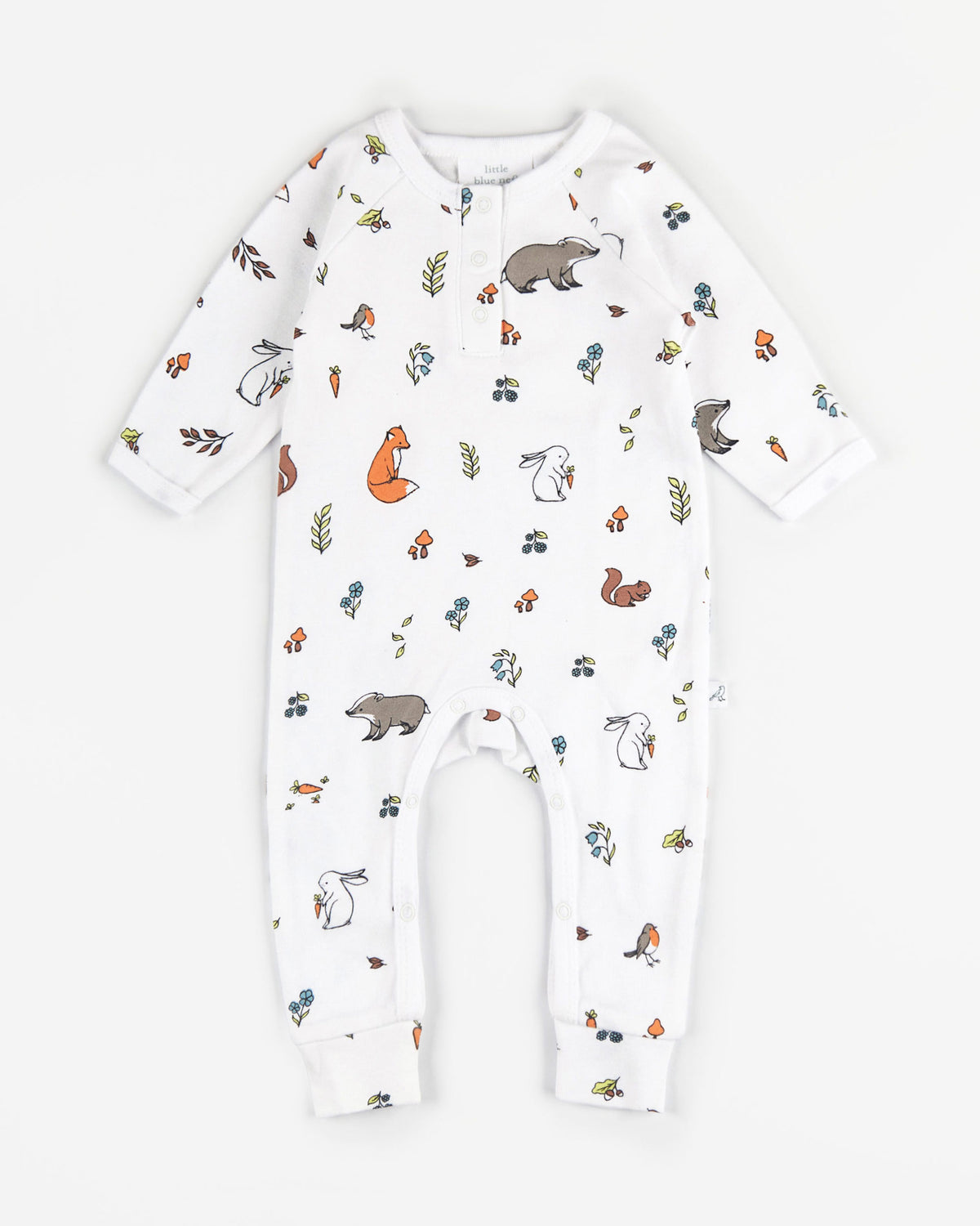 Organic cotton baby romper woodland
