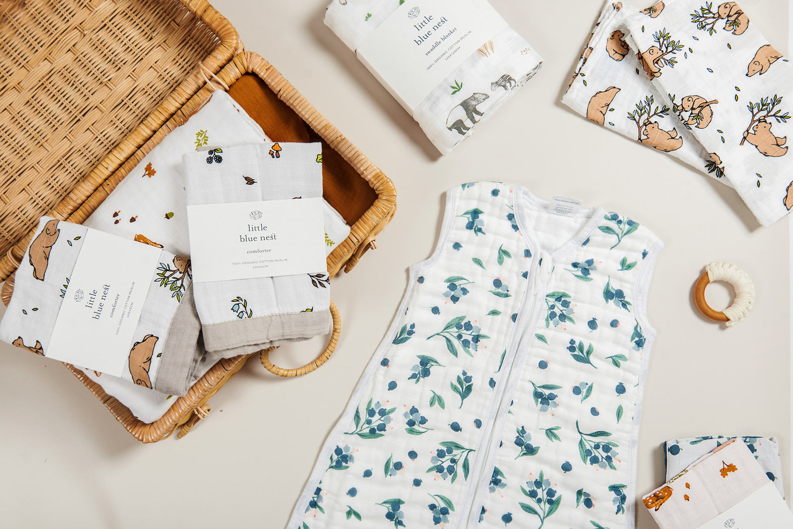 Organic Cotton Muslin Collection in Basket including muslin blanket and muslin squares 1