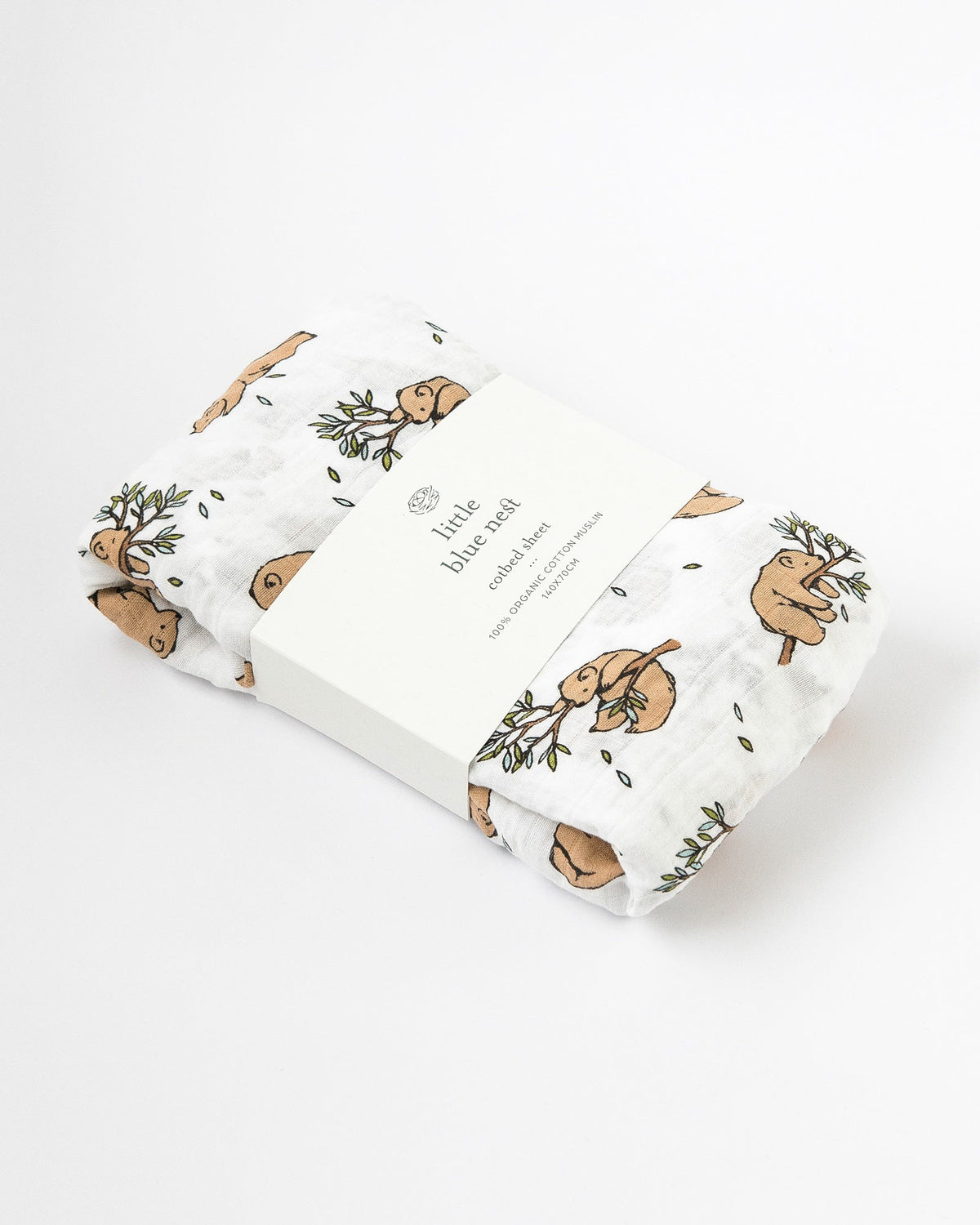 Organic cotton muslin fitted cotbed sheet, 140x70 cm - Bear cub.