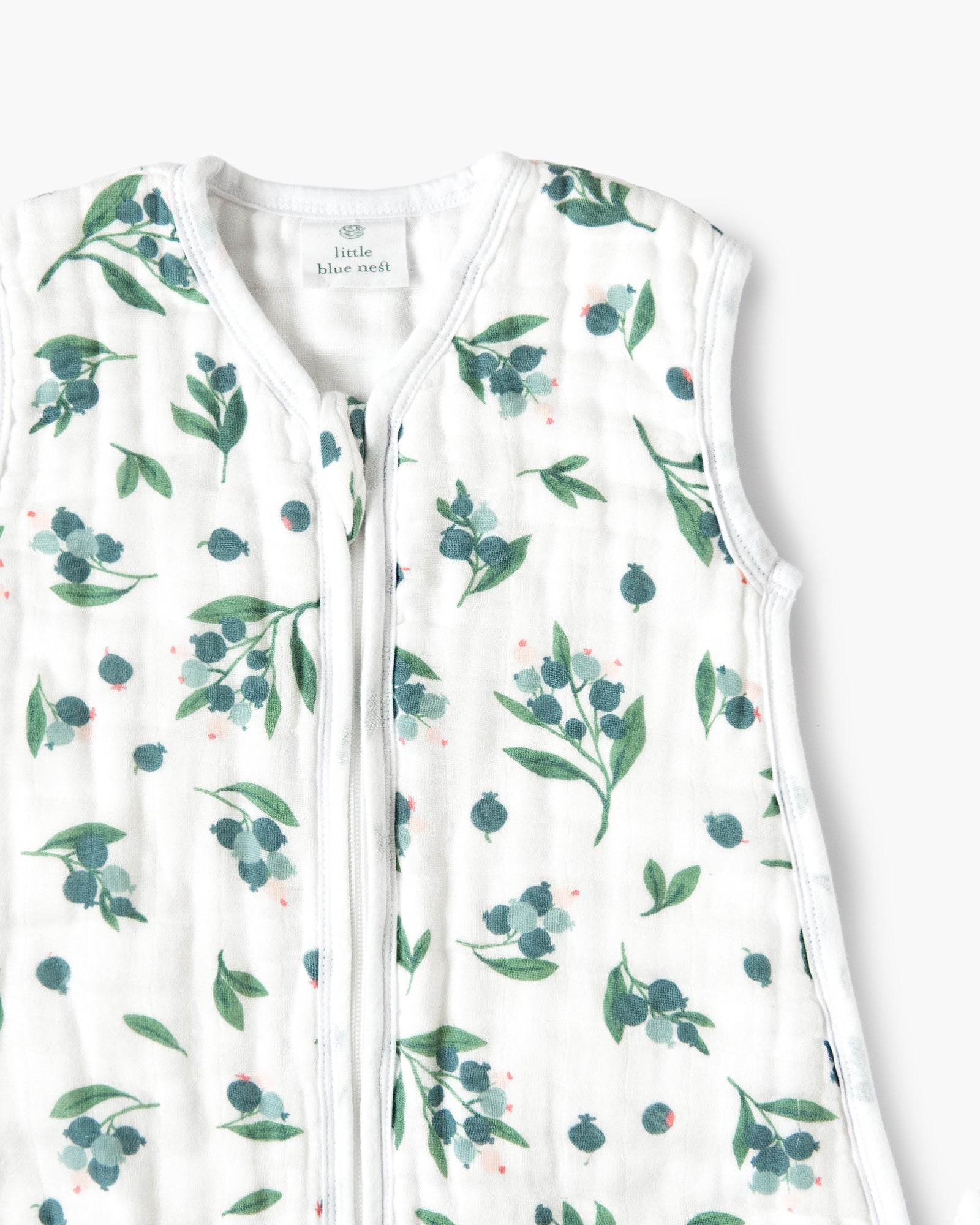 Organic cotton muslin baby sleeping bag 1.5 tog with blueberry pattern 