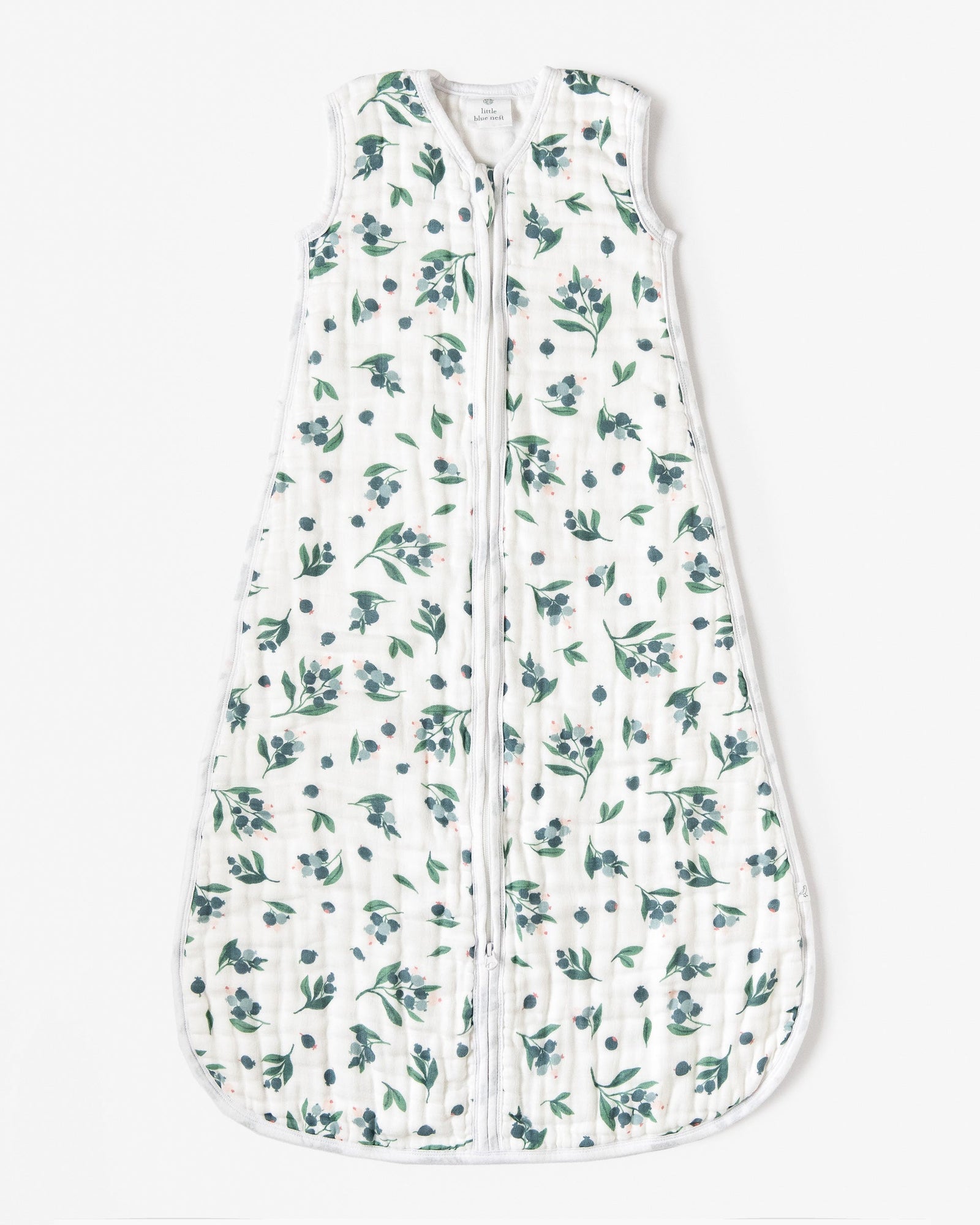 Organic cotton muslin baby sleeping bag 1.5 tog with blueberry pattern 