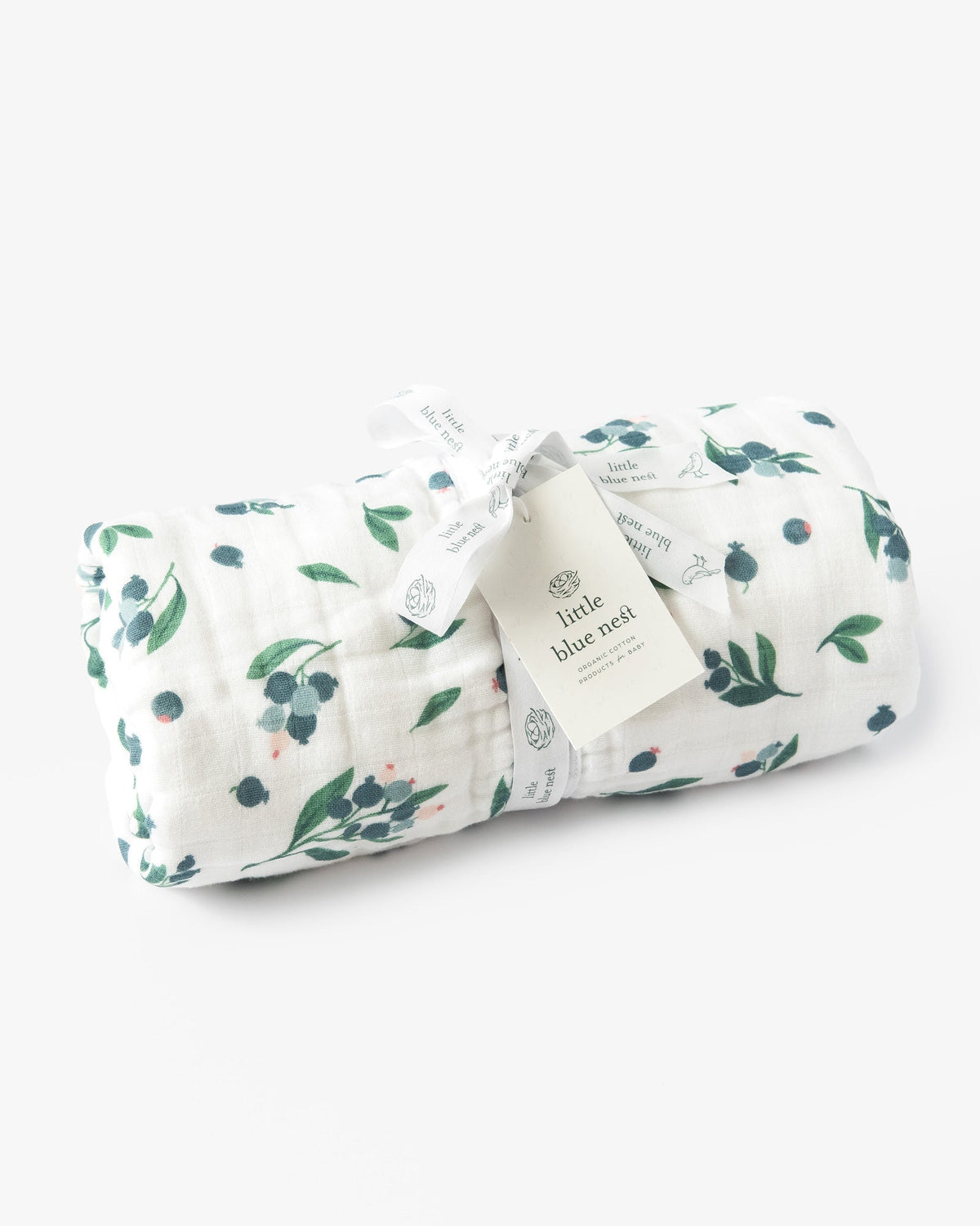 Organic cotton muslin baby sleeping bag 1.5 tog with Little Blue Nest packaging