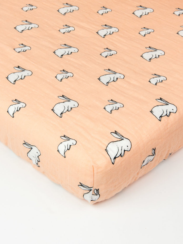 Organic cotton muslin fitted cotbed sheet, 140x70cm - Long ear bunny.