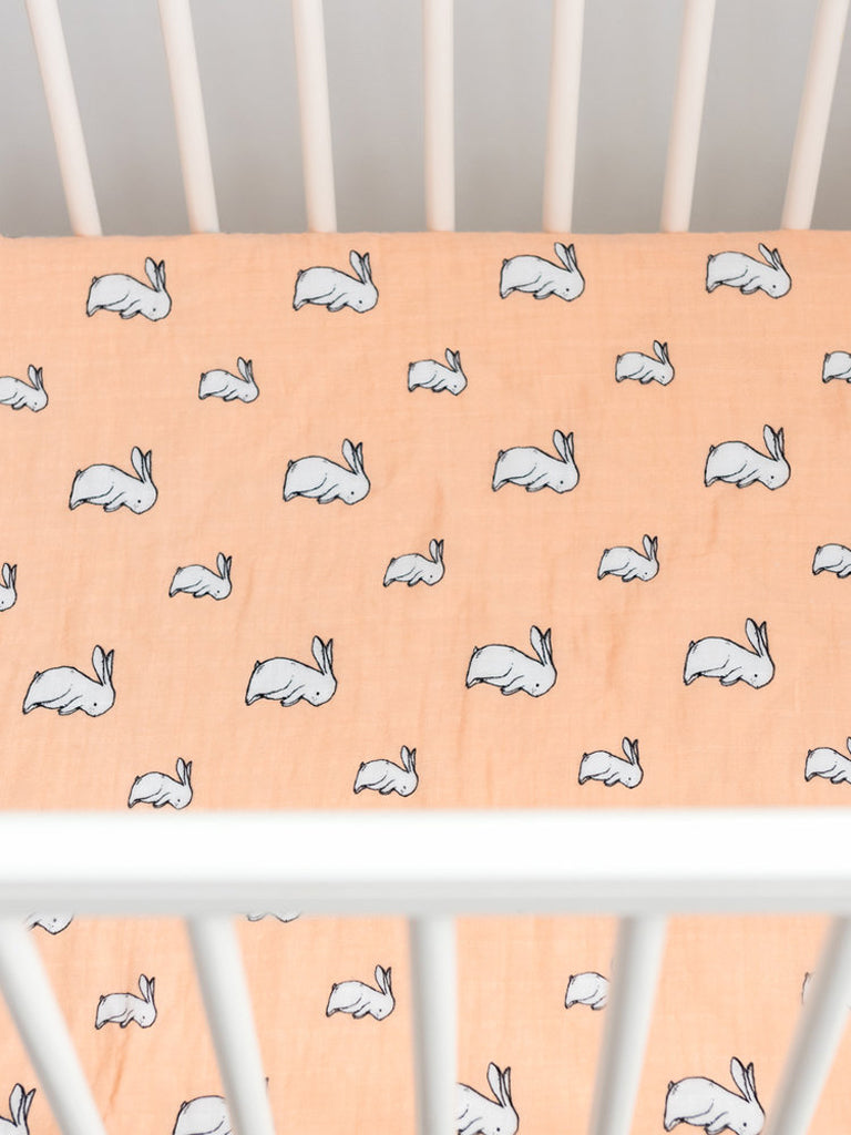 Organic cotton muslin fitted cotbed sheet, 140x70cm - Long ear bunny.