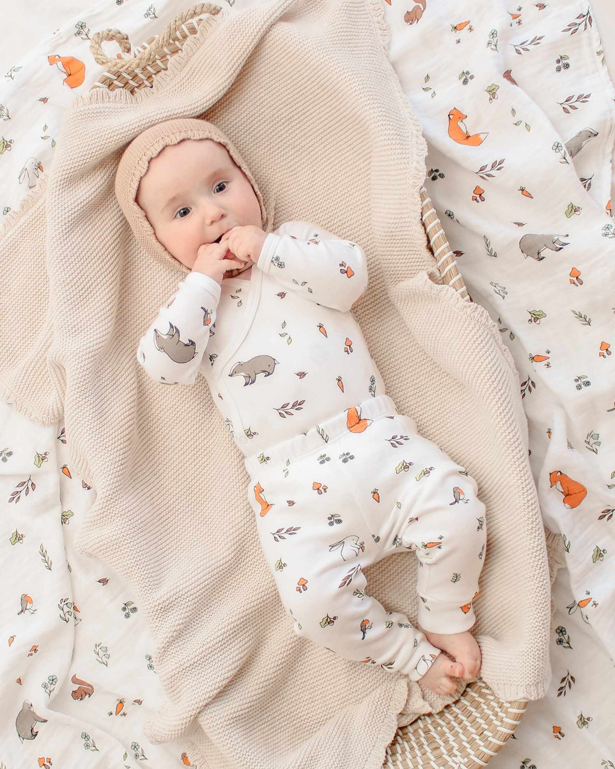 Baby in Kimono bodysuit and leggings outfit in woodland design