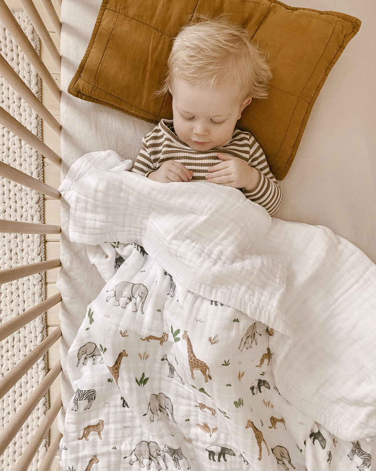 Organic cotton muslin quilt blanket with 4 layers safari pattern with baby covered in cot
