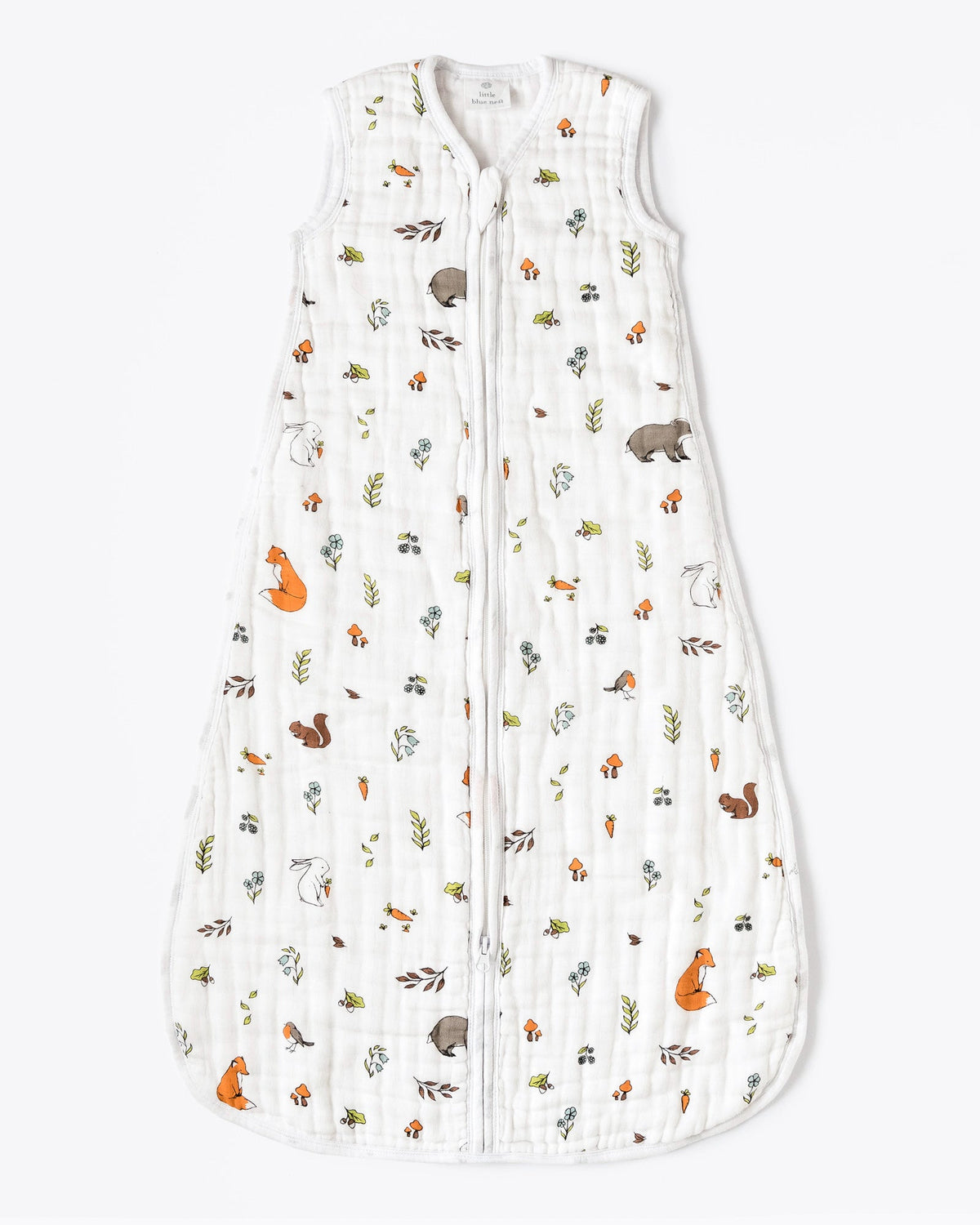 Organic cotton muslin baby sleeping bag 1.5 tog with woodland pattern