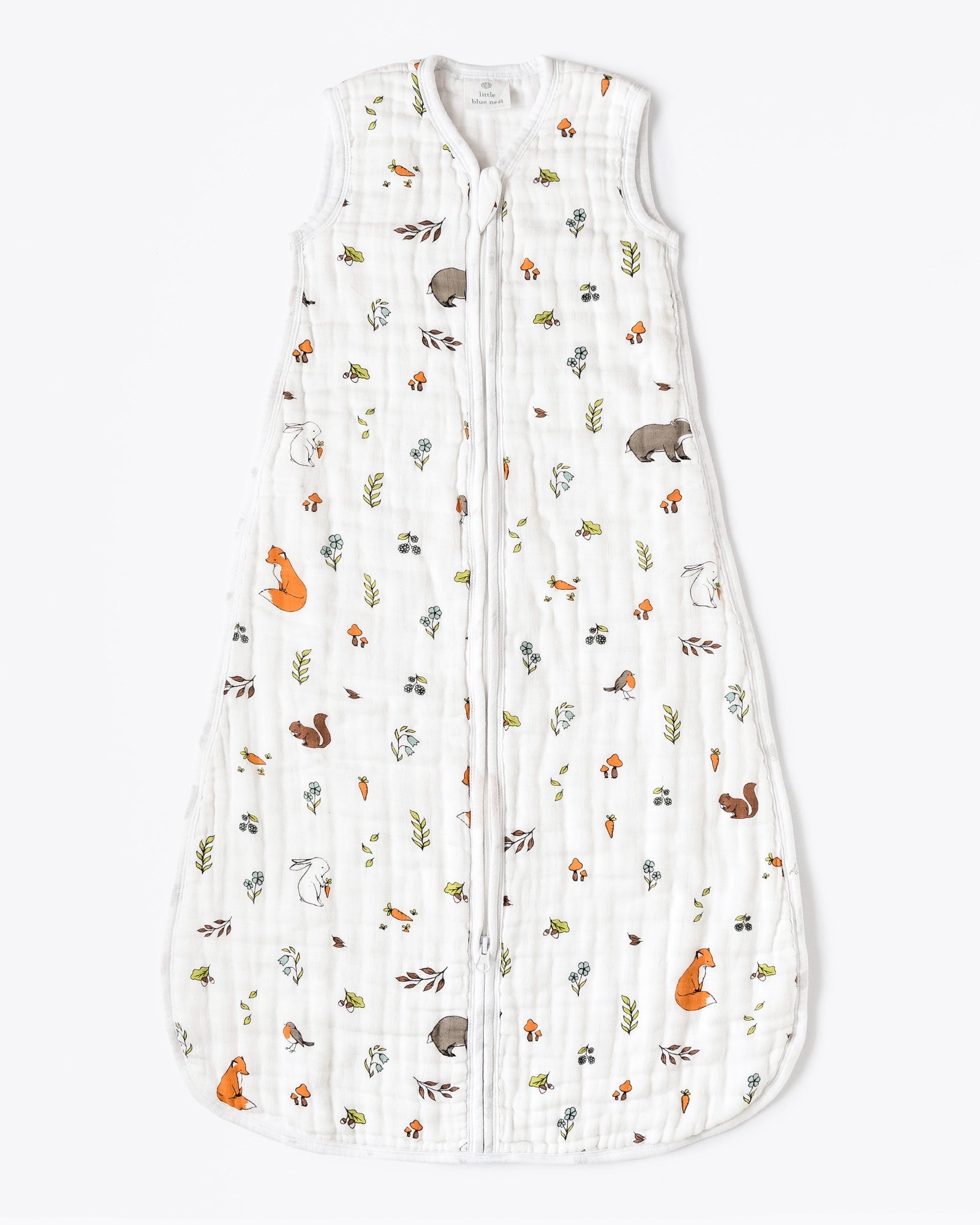 Organic cotton muslin baby sleeping bag 1.5 tog with woodland pattern