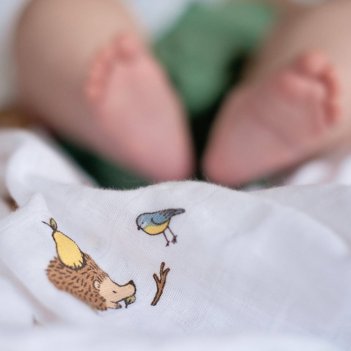 Organic cotton muslin swaddle - et - Woodland hedgehog.